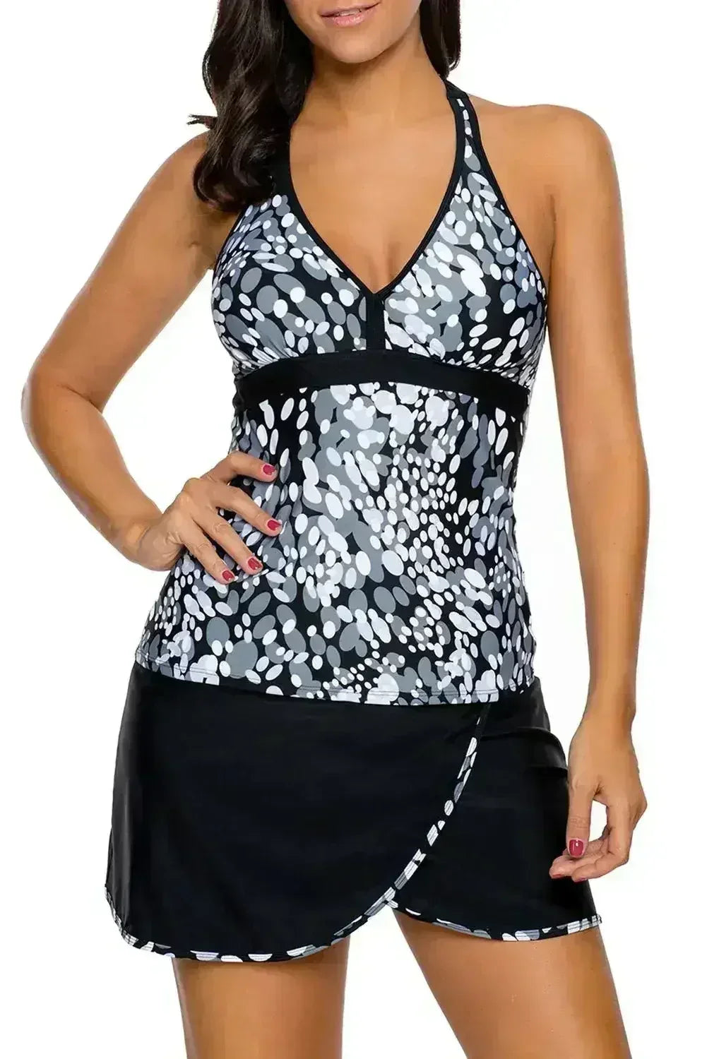 Grey White Spots Halter Tankini Wrapped Skirt Swimsuit