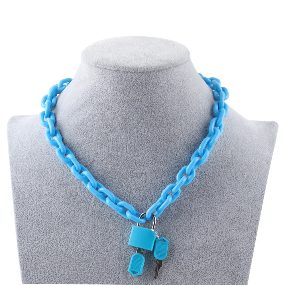 FishSheep Rock Punk Acrylic Chain Lock Pendant Necklace For Women Men Chic Neon Chunky Long Chain Necklace 2020 Fashion Jewelry