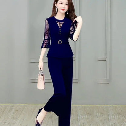 5XL Women Pants 2-Piece Set Female Summer Set Lady Slim Tops+ Wide Leg