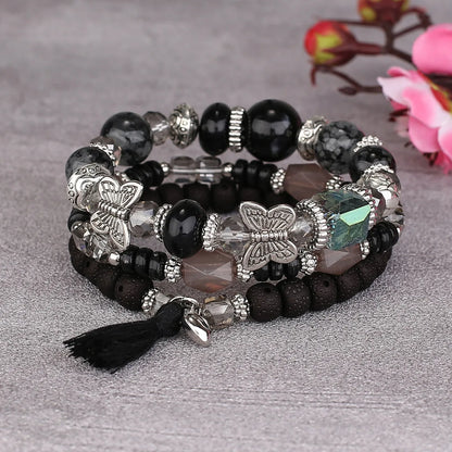 3pcs Boho Bohemian Pink Butterfly Pendant Charm Beads Bracelets Set For Women Stone Wristband Bracelet Bangles Pulseras Feminina