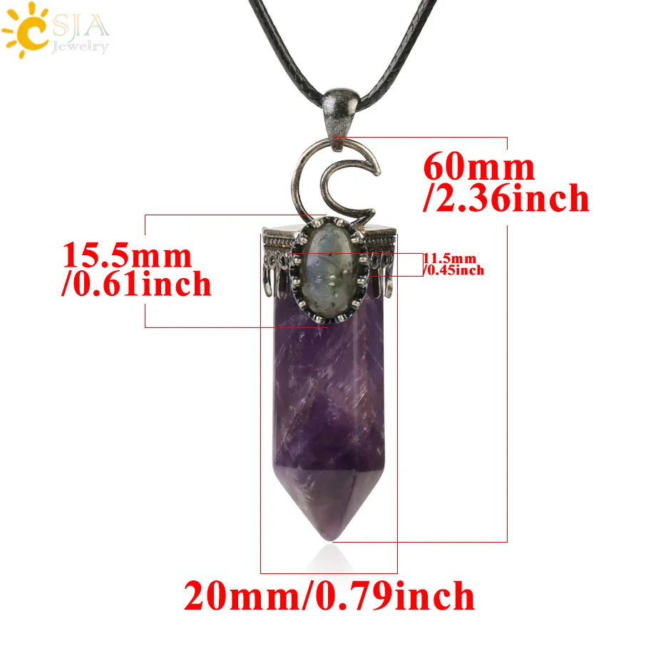 CSJA Natural Stone Crystal Pendants Semi-Precious Necklace Half Moon Pendant Antique Silver Color Hexagon Column Suspension G253