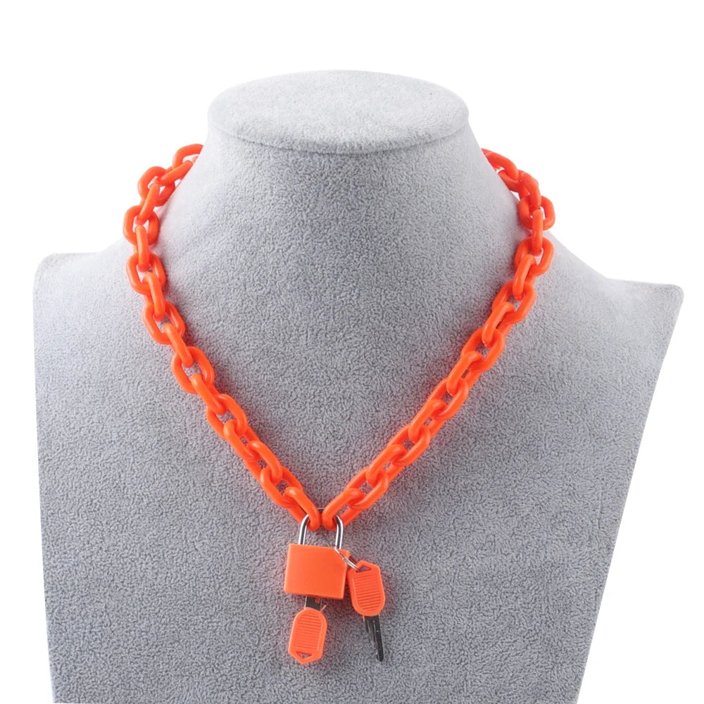 FishSheep Rock Punk Acrylic Chain Lock Pendant Necklace For Women Men Chic Neon Chunky Long Chain Necklace 2020 Fashion Jewelry