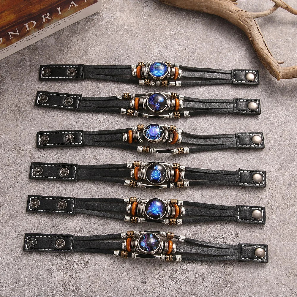 Charm Jewelry 12 Zodiac Weave Bracelets for Women Vintage Multi-layer Stainless Steel 12 Constellations Leather Bracelet