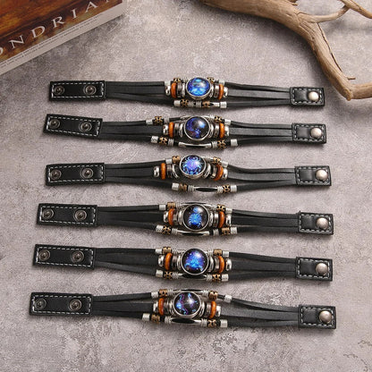 Charm Jewelry 12 Zodiac Weave Bracelets for Women Vintage Multi-layer Stainless Steel 12 Constellations Leather Bracelet