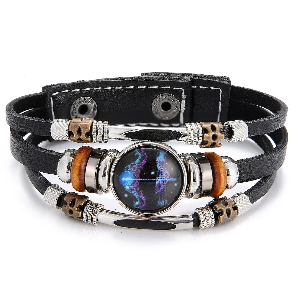 Charm Jewelry 12 Zodiac Weave Bracelets for Women Vintage Multi-layer Stainless Steel 12 Constellations Leather Bracelet