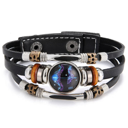 Charm Jewelry 12 Zodiac Weave Bracelets for Women Vintage Multi-layer Stainless Steel 12 Constellations Leather Bracelet