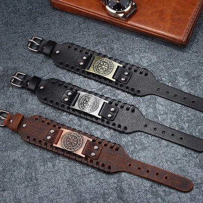 Totem Design Wide Leather Pirate Compass Bracelet Men's Bracelet Celtic Viking Jewelry Compass Bracelet Accessories Party Gifts