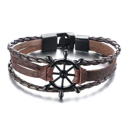 Vnox Mens Vintage Rudder Charm Bracelets Multi-layer Leather Rope Chain Wrist Bangles Jewelry