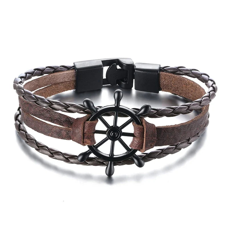 Vnox Mens Vintage Rudder Charm Bracelets Multi-layer Leather Rope Chain Wrist Bangles Jewelry