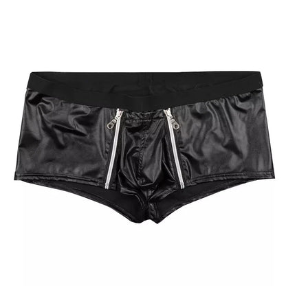 Mens Sexy Leather Lingerie Open Crotch Short Pants For Sex Soft Latex Fetish Boxer Crotchless Leather Underwear Bulge Pouch Sexi
