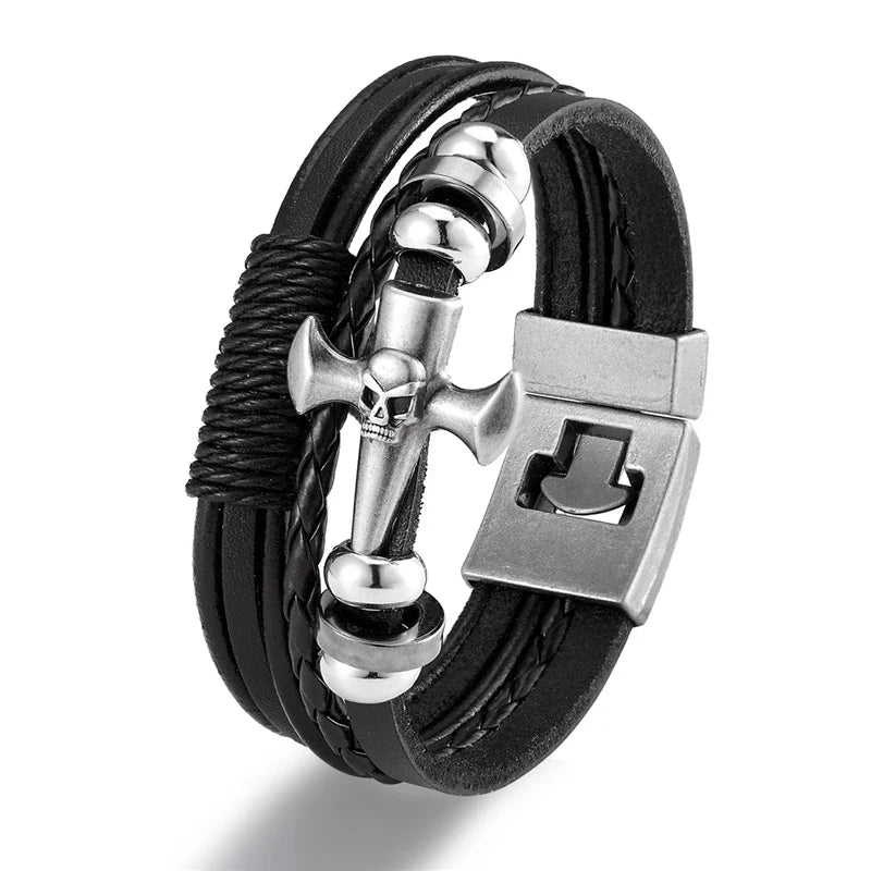 YIZIZAI Fashion Bracelete Genuine Leather Multilayer Anchor Bracelet Men Vintage Punk Rock Women Alloy Beads Nautical Jewelry