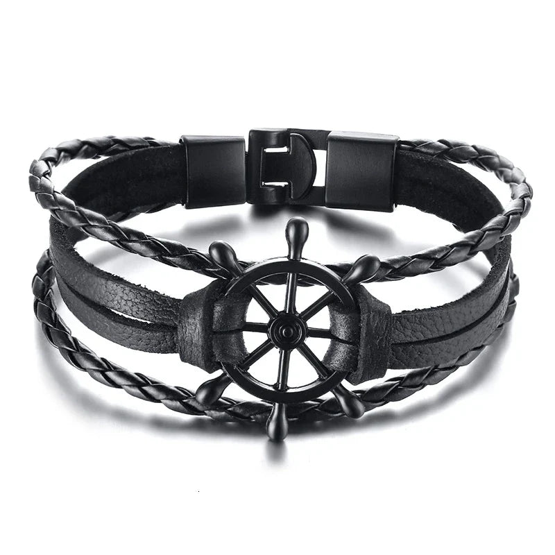 Vnox Mens Vintage Rudder Charm Bracelets Multi-layer Leather Rope Chain Wrist Bangles Jewelry