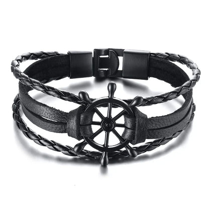 Vnox Mens Vintage Rudder Charm Bracelets Multi-layer Leather Rope Chain Wrist Bangles Jewelry