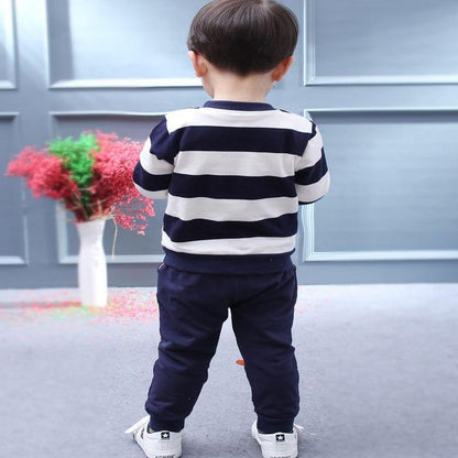 Baby Boy Cartoon Cute Bear Striped Printed Cotton Long Sleeve Two-piece Clothes Set For Boys Kids