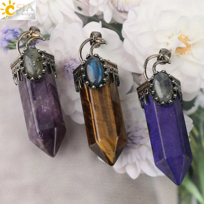 CSJA Natural Stone Crystal Pendants Semi-Precious Necklace Half Moon Pendant Antique Silver Color Hexagon Column Suspension G253