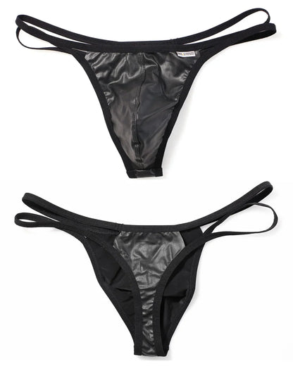 BRAVE PERSON Men Briefs Sexy Underwear Men Thongs  Imitation Leather Fabric Double Belts Design Sissy Panties Thongs for Man