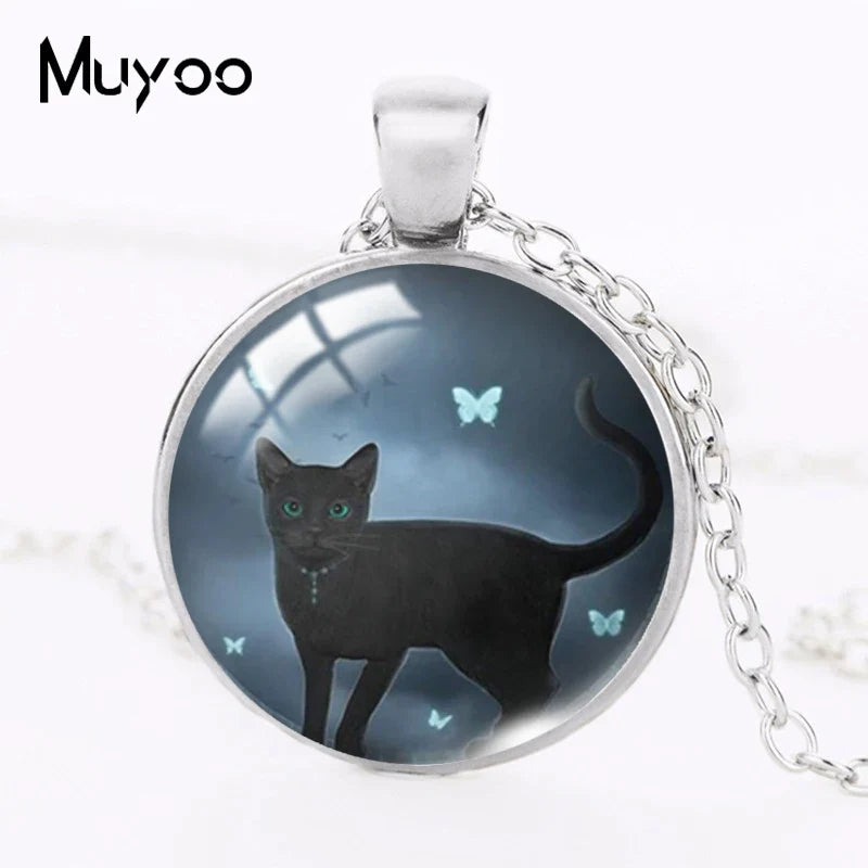 2021 New Cat with Moon Pendant Necklace Witchcraft Painting Round Print Photo Necklaces Glass Dome Jewelry Gifts