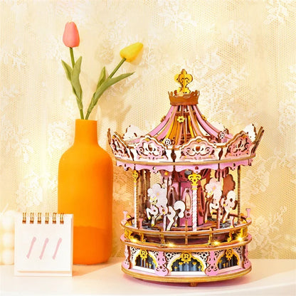Robotime 3D Wooden Puzzle 336pcs Rotatable DIY Romantic Carousel Game Gift for Children Kids Adult AMK62 Assembly Music Box Toy