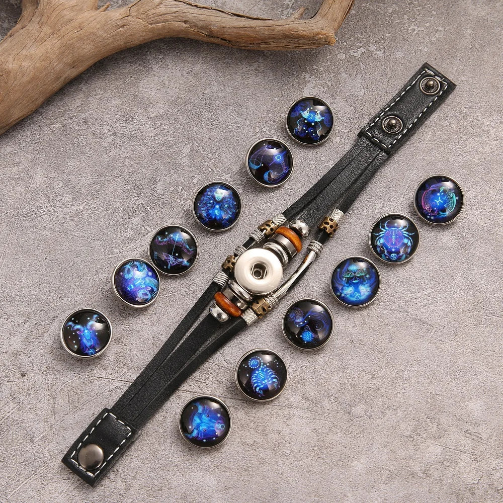 Charm Jewelry 12 Zodiac Weave Bracelets for Women Vintage Multi-layer Stainless Steel 12 Constellations Leather Bracelet