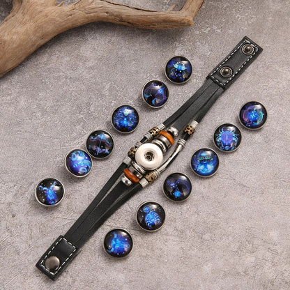 Charm Jewelry 12 Zodiac Weave Bracelets for Women Vintage Multi-layer Stainless Steel 12 Constellations Leather Bracelet