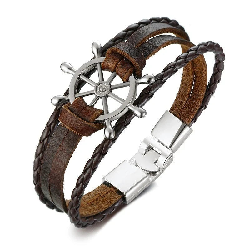 Vnox Mens Vintage Rudder Charm Bracelets Multi-layer Leather Rope Chain Wrist Bangles Jewelry