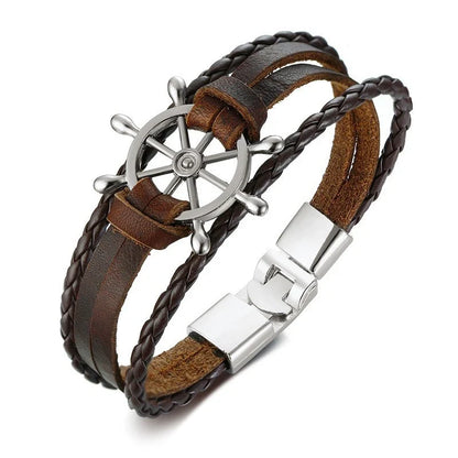 Vnox Mens Vintage Rudder Charm Bracelets Multi-layer Leather Rope Chain Wrist Bangles Jewelry