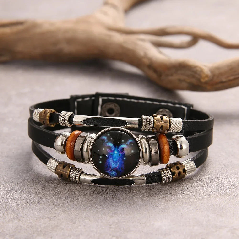 Charm Jewelry 12 Zodiac Weave Bracelets for Women Vintage Multi-layer Stainless Steel 12 Constellations Leather Bracelet