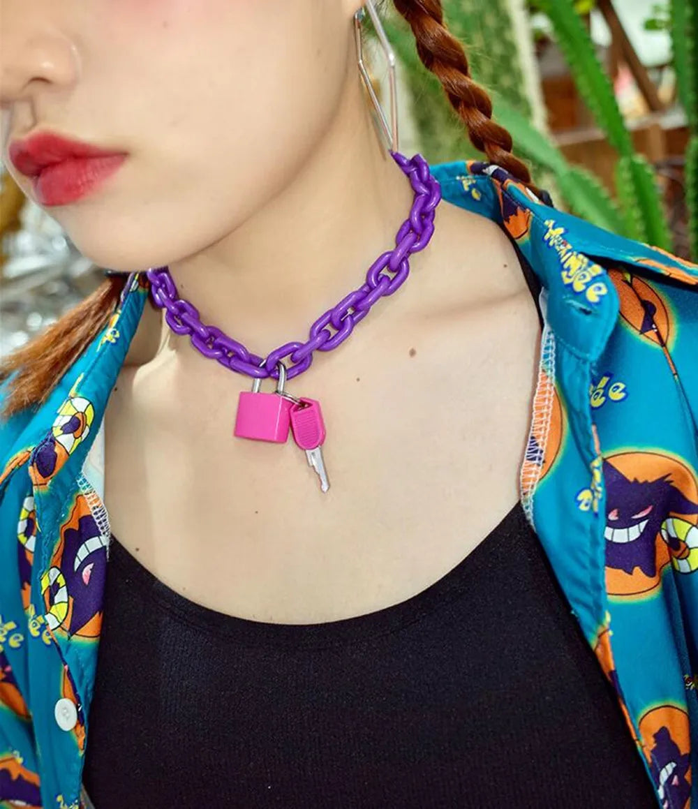 FishSheep Rock Punk Acrylic Chain Lock Pendant Necklace For Women Men Chic Neon Chunky Long Chain Necklace 2020 Fashion Jewelry