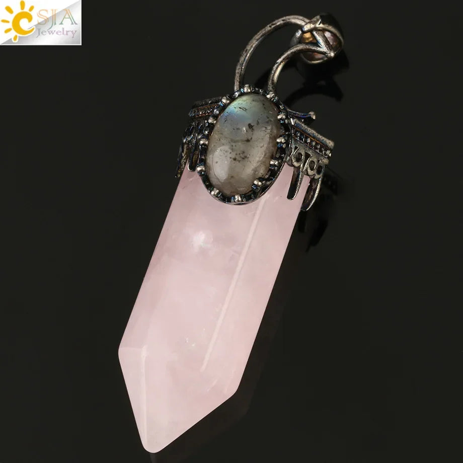 CSJA Natural Stone Crystal Pendants Semi-Precious Necklace Half Moon Pendant Antique Silver Color Hexagon Column Suspension G253