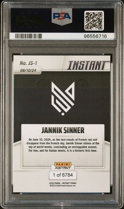 Graded 2024 Panini Instant Jannik Sinner #JS1 Paris Crowns The New World Number 1 Rookie RC Tennis Card PSA 10 Gem Mint