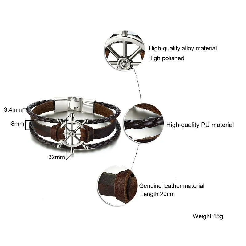 Vnox Mens Vintage Rudder Charm Bracelets Multi-layer Leather Rope Chain Wrist Bangles Jewelry