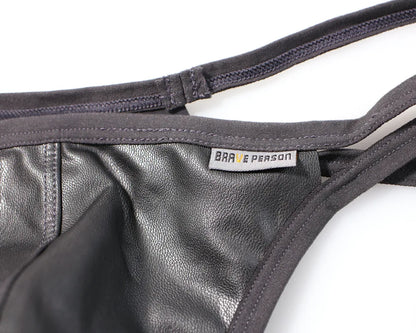 BRAVE PERSON Men Briefs Sexy Underwear Men Thongs  Imitation Leather Fabric Double Belts Design Sissy Panties Thongs for Man