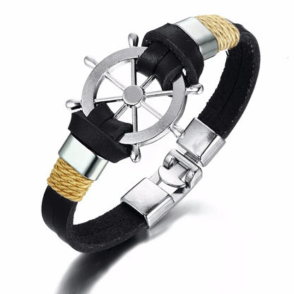 Vnox Mens Vintage Rudder Charm Bracelets Multi-layer Leather Rope Chain Wrist Bangles Jewelry