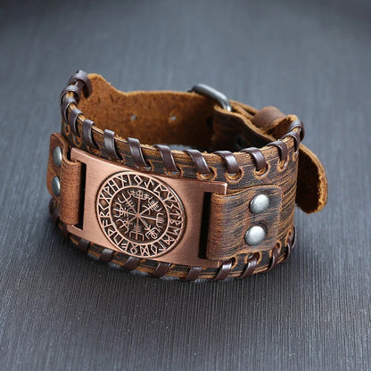 Vnox Wide Leather Wristband for Men Stylish Genuine Leather Bangle with Metal Charm Bracelets Punk Male Pulseira