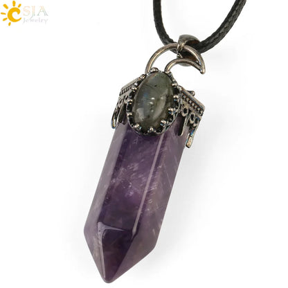 CSJA Natural Stone Crystal Pendants Semi-Precious Necklace Half Moon Pendant Antique Silver Color Hexagon Column Suspension G253
