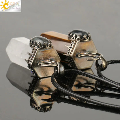CSJA Natural Stone Crystal Pendants Semi-Precious Necklace Half Moon Pendant Antique Silver Color Hexagon Column Suspension G253