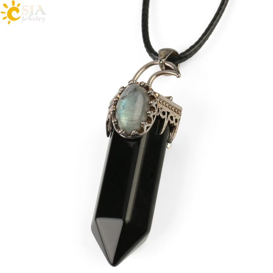 CSJA Natural Stone Crystal Pendants Semi-Precious Necklace Half Moon Pendant Antique Silver Color Hexagon Column Suspension G253