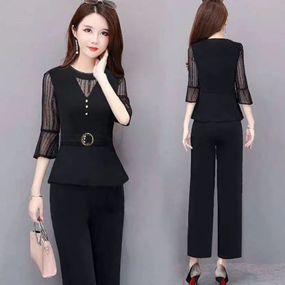 5XL Women Pants 2-Piece Set Female Summer Set Lady Slim Tops+ Wide Leg