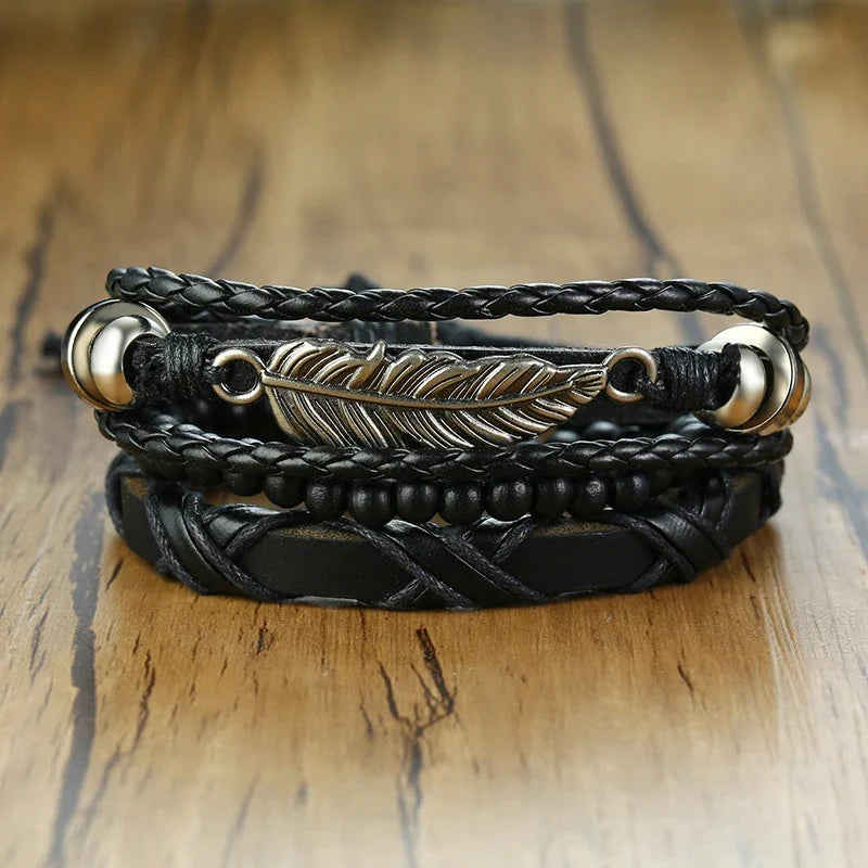 Vnox Mix 4Pcs/ Set Braided Wrap Leather Bracelets for Men Women