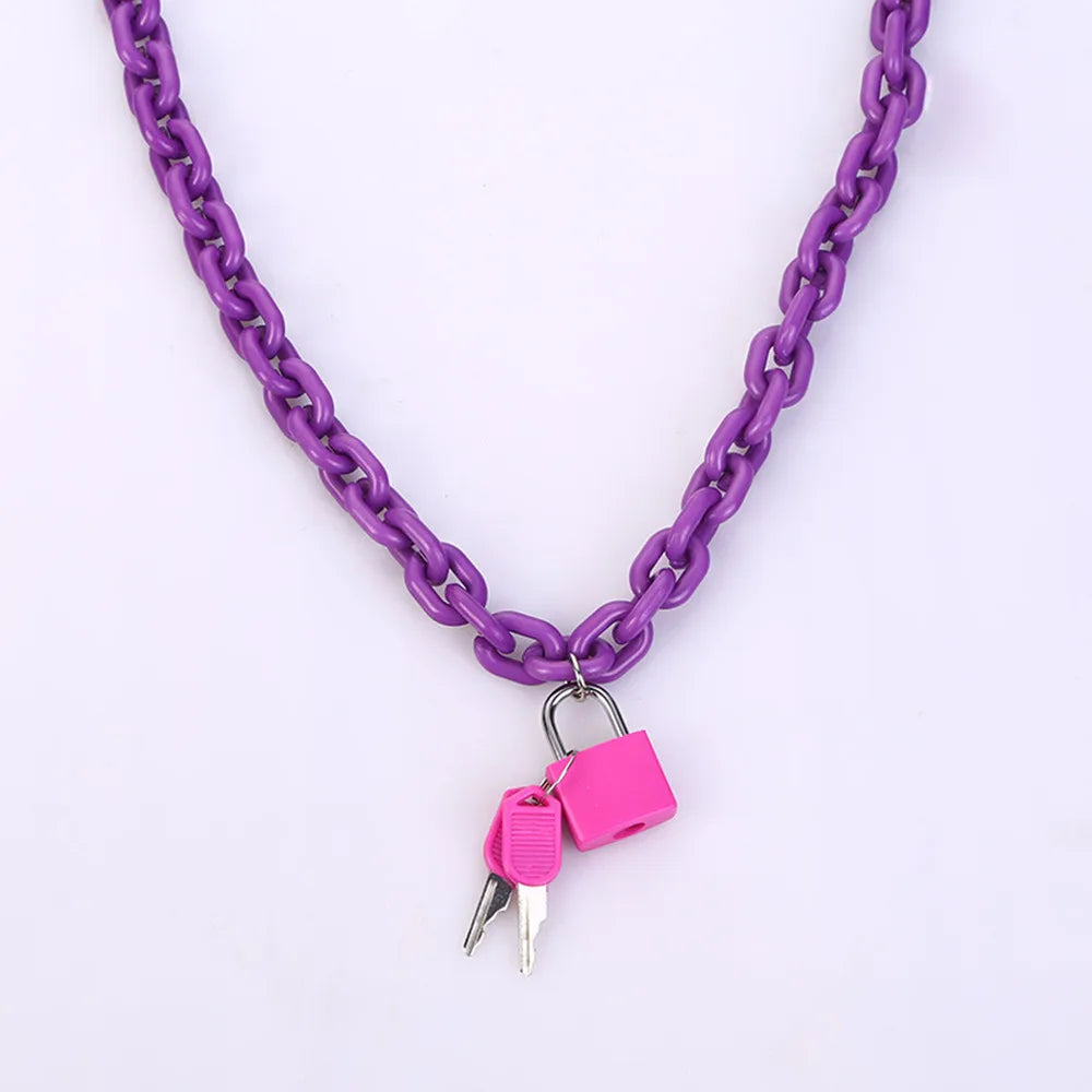 FishSheep Rock Punk Acrylic Chain Lock Pendant Necklace For Women Men Chic Neon Chunky Long Chain Necklace 2020 Fashion Jewelry
