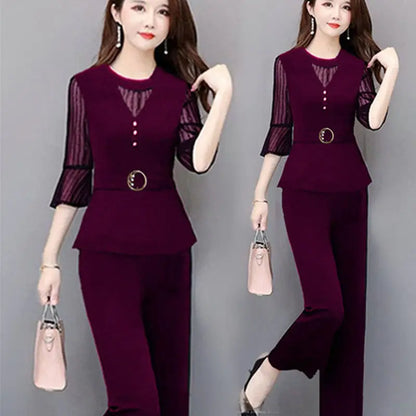 5XL Women Pants 2-Piece Set Female Summer Set Lady Slim Tops+ Wide Leg