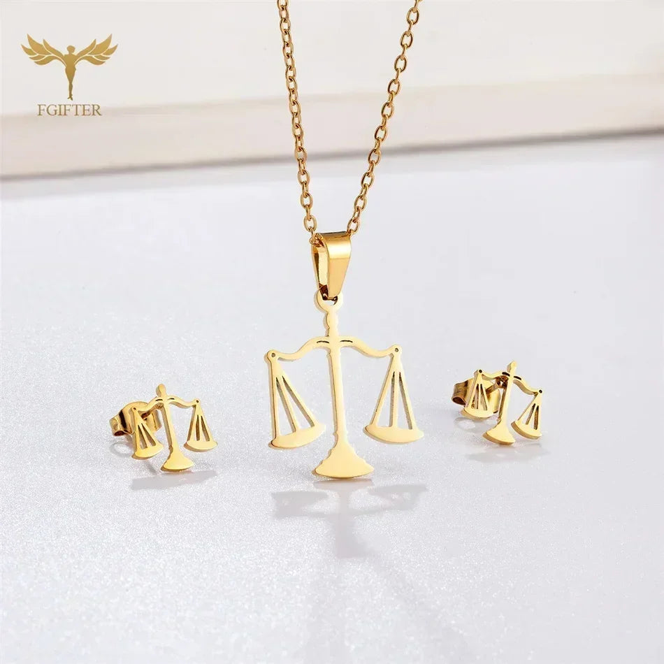 Scale Pendant Necklace Earring Set Stainless Steel Accessories Western Goddess of Justice Scale Symbol of Fairness Woman Jewelry