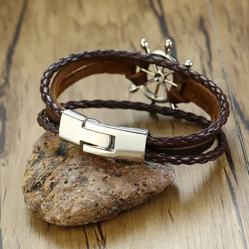 Vnox Mens Vintage Rudder Charm Bracelets Multi-layer Leather Rope Chain Wrist Bangles Jewelry