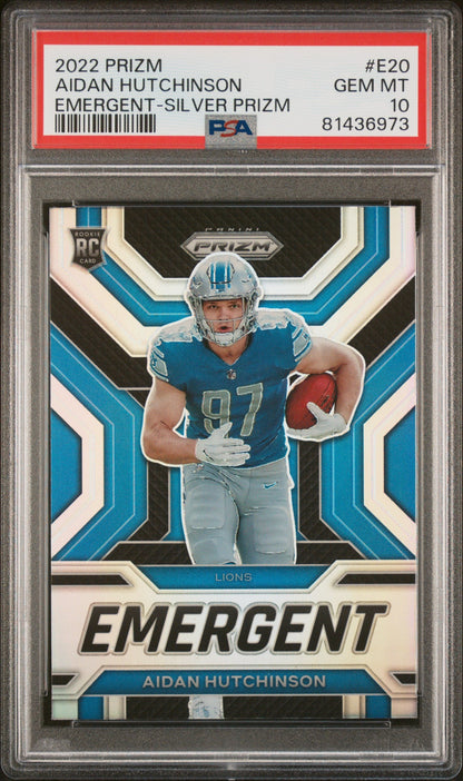 Graded 2022 Panini Prizm Aidan Hutchinson #E20 Emergent Silver Prizm Rookie RC Football Card PSA 10