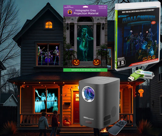 HoliScapes® USB Projector Kit - Halloween Hollusion + Projector + 5.5 ft x 9 ft Projection Screen