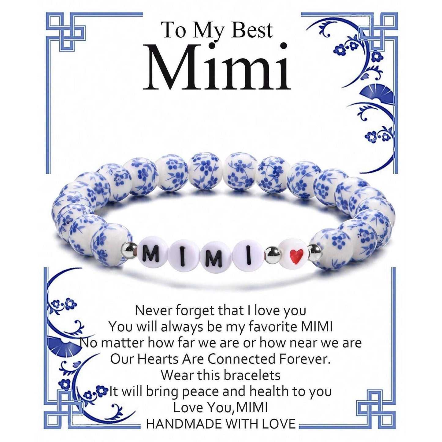 Blue and White Porcelain MAMA Beaded Bracelet
