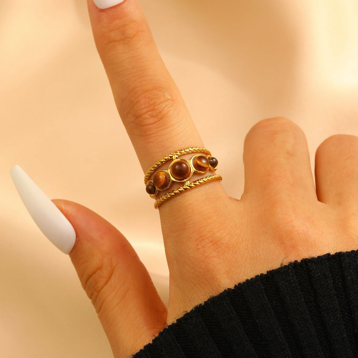 Stainless Steel Openwork Pearl & Tiger Eye Ring