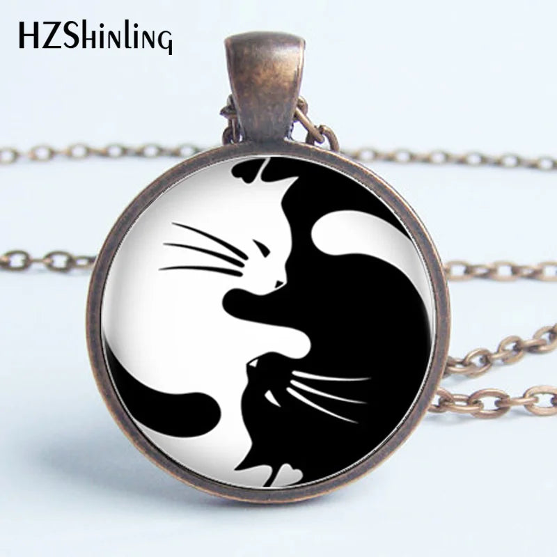 HZ--A376 Fashion newest Two Yin Yang Cats Necklace Pendant bronze glass Cabochon Long Chain Statement Necklace For women HZ1