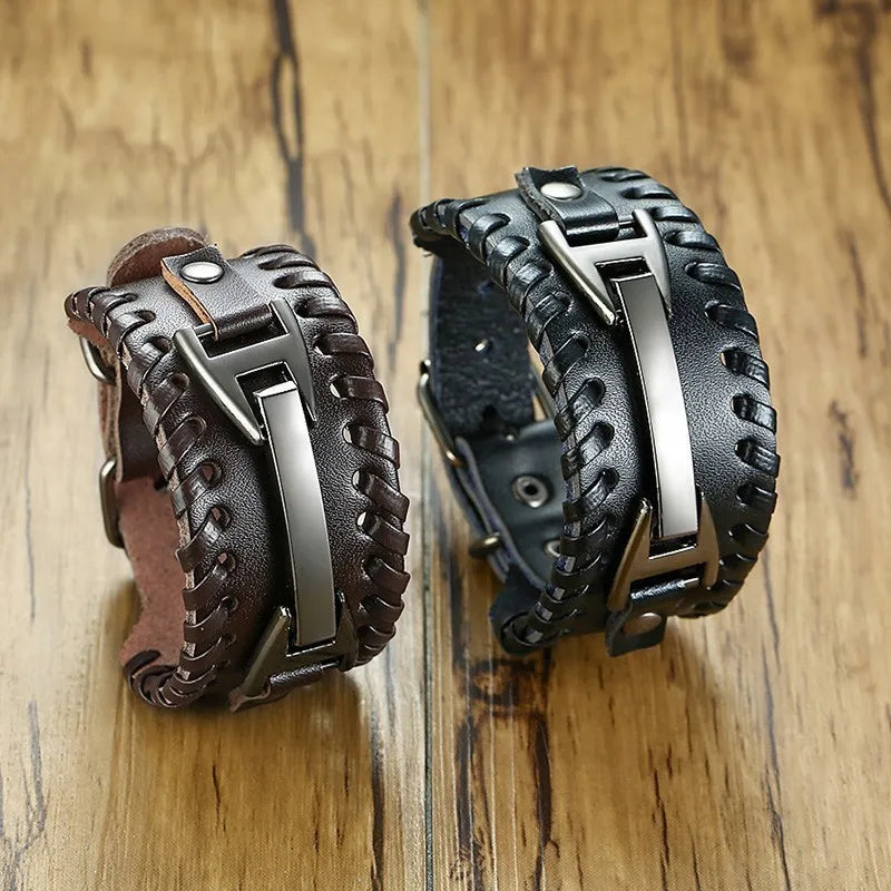 Vnox Wide Leather Wristband for Men Stylish Genuine Leather Bangle with Metal Charm Bracelets Punk Male Pulseira