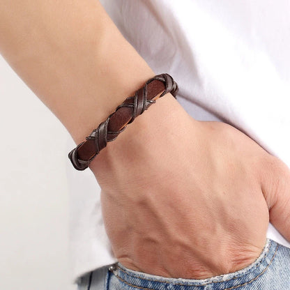 Black/Brown Faux Leather Bracelet Punk Men Jewelry